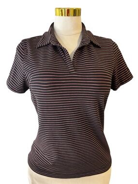 Nike Golf Women's Dri-Fit Polo Shirt - L - Pink/Black Striped V-Neck